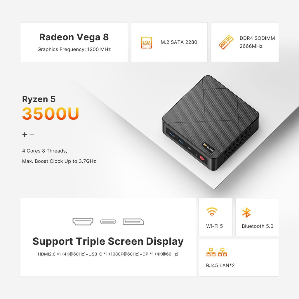 BOSGAME E4 Air Mini PC, AMD Ryzen 5 3500U 8GB DDR4 256GB SATA SSD
