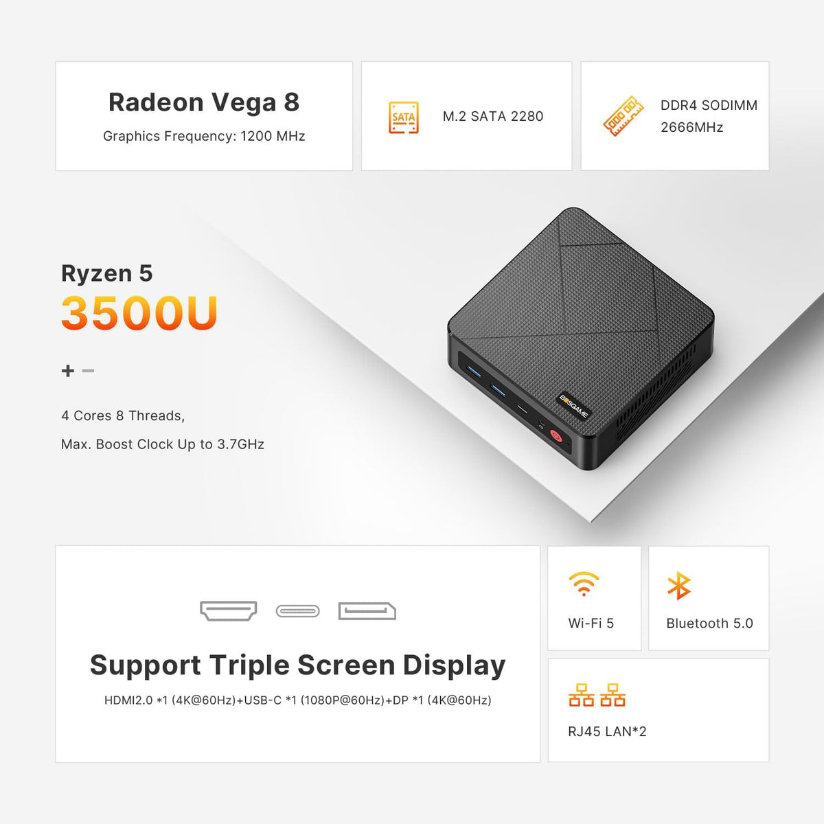 BOSGAME E4 Air Mini PC, AMD Ryzen 5 3500U 8GB DDR4 256GB SATA SSD