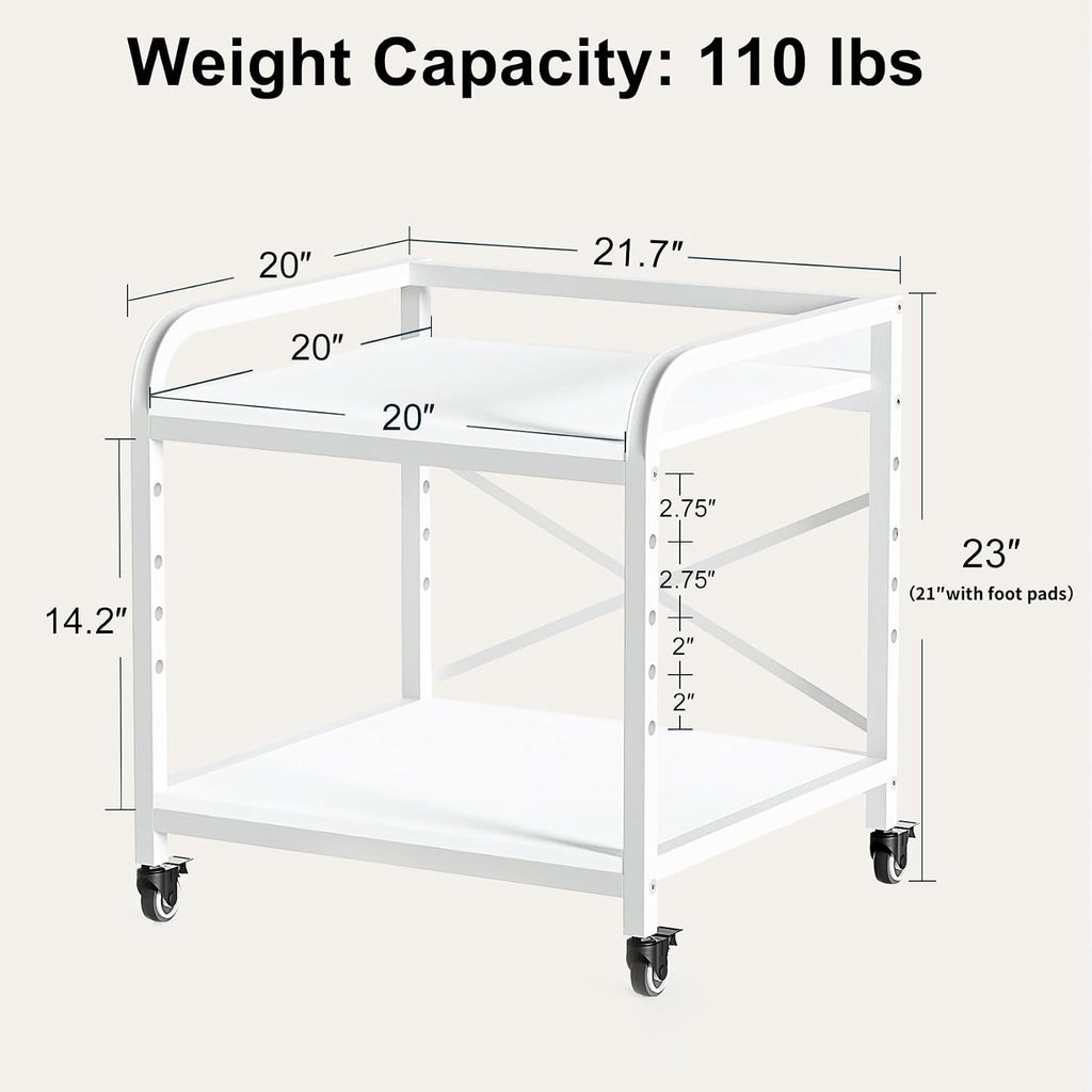 20 Inches Large White Printer Stand, 2-Tier Under Desk Printer Table with Height Adjustable Shelf, Rolling Printer Cart with Industrial Wheels for Home Office (White)