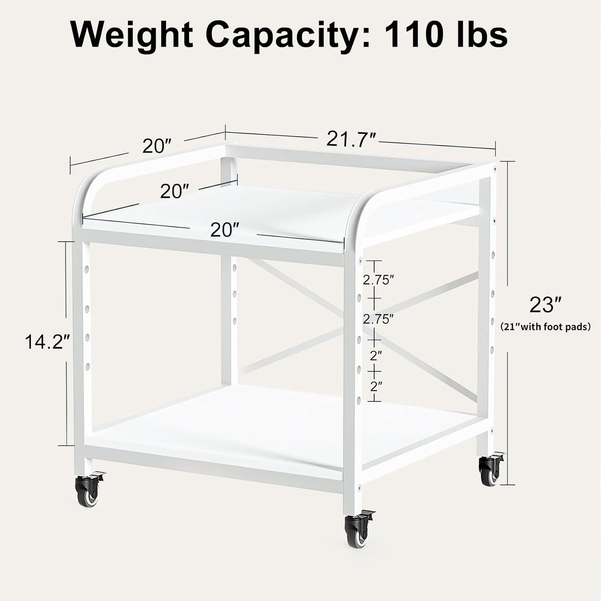 20 Inches Large White Printer Stand, 2-Tier Under Desk Printer Table with Height Adjustable Shelf, Rolling Printer Cart with Industrial Wheels for Home Office (White)