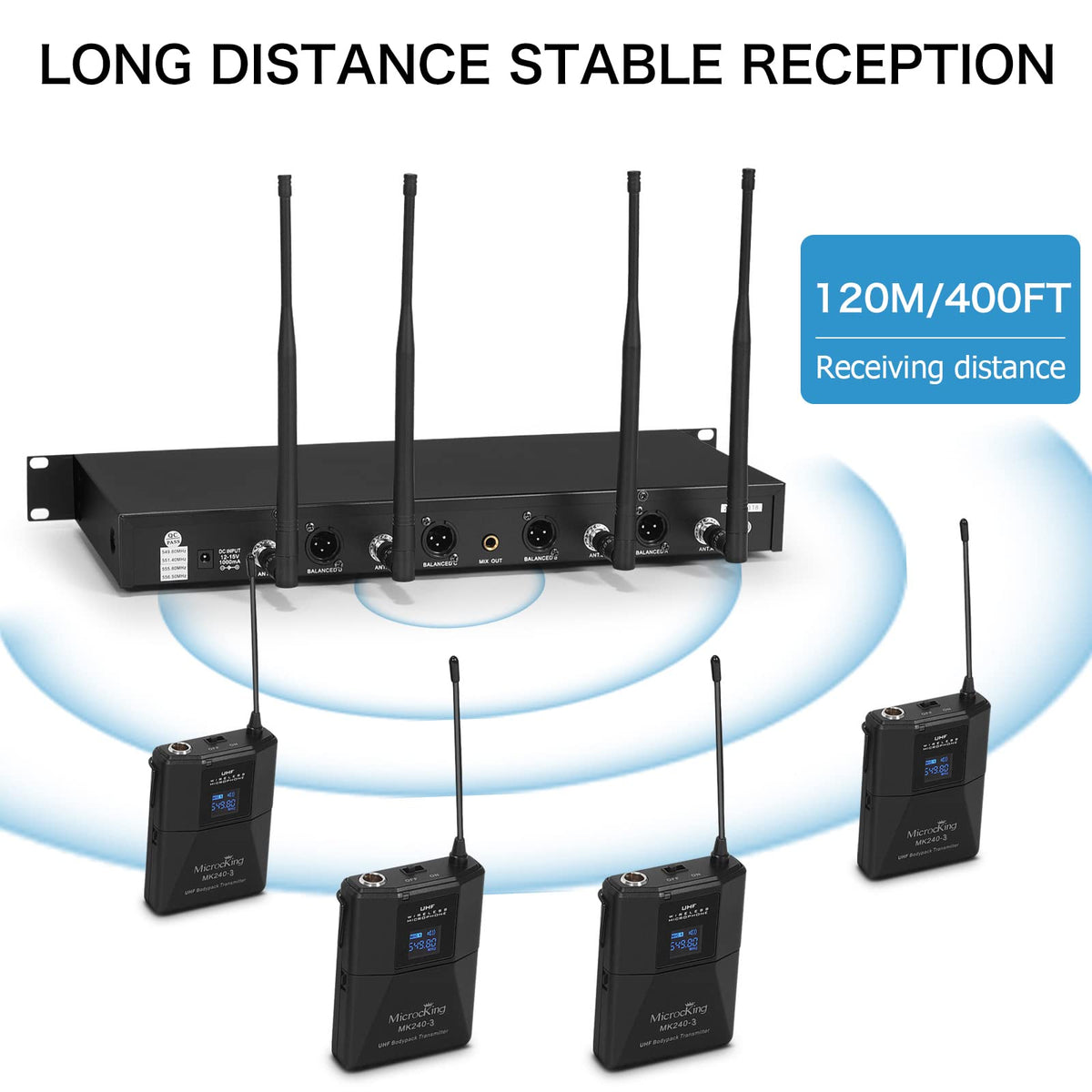 MicrocKing 4 Channel UHF Wireless Microphone System, 4 Handheld Wireless Microphones with Receiver, 400ft Long Range, Professional Dynamic Mic Set for Church, Conference, Wedding, Karaoke and Speech