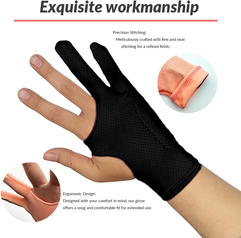 Breathable Drawing Glove, Digital Art Glove for Graphic Tablet, 3-Layer Palm Rejection for Graphic Tablet, Artist Gloves with Two Fingers for iPad(Black,S)
