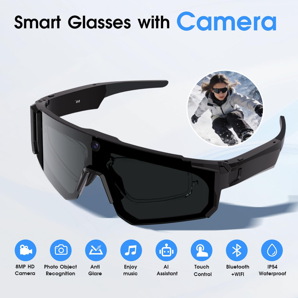 AI Smart Glasses with Camera for Cycling & Outdoor Sports - Blue