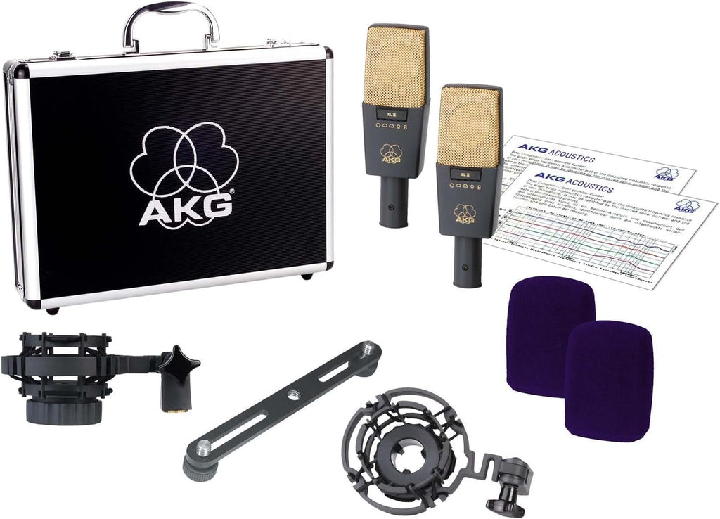 AKG Pro Audio C414XLS Pair Studio Grade Professional Large Diaphragm, Dual Capsule, Multi-Pattern, Vocal & Instrument Condenser Microphone with Aluminum Carrying Case. XLR Connector. Gray with Gold.