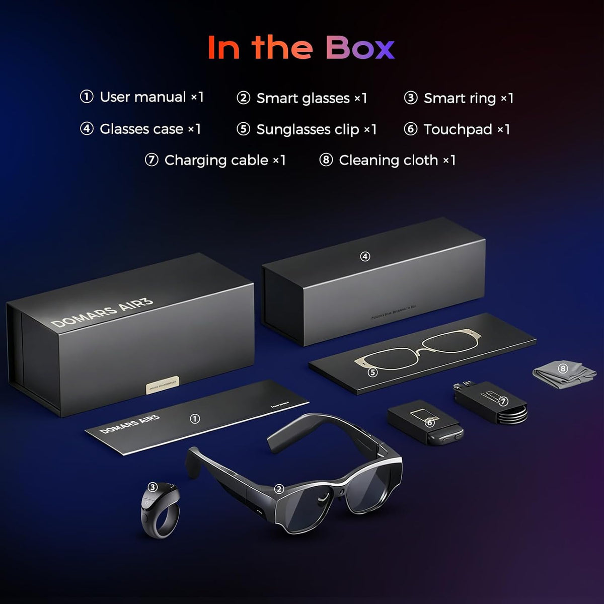 AR Smart Glasses, 150" 1080P Micro-OLED Display, 16MP Camera, 3DoF Ring Control, Android 14, 8G+128G, 36Â° FOV, Light Waveguide Lens for Streaming & Office AR Smart Glasses