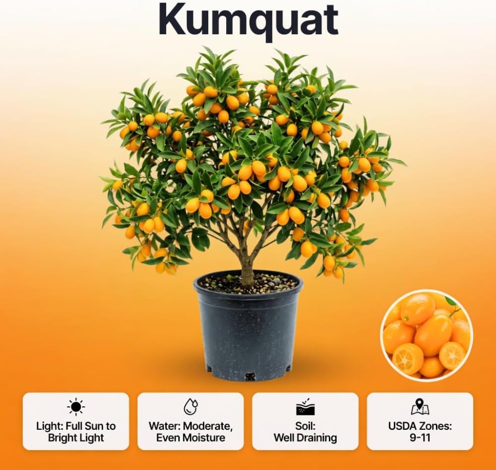 Sweet Kumquat Tree Live, Sweet Citrus Tree, 1-2 Ft Tall, 1 Gallon Pot