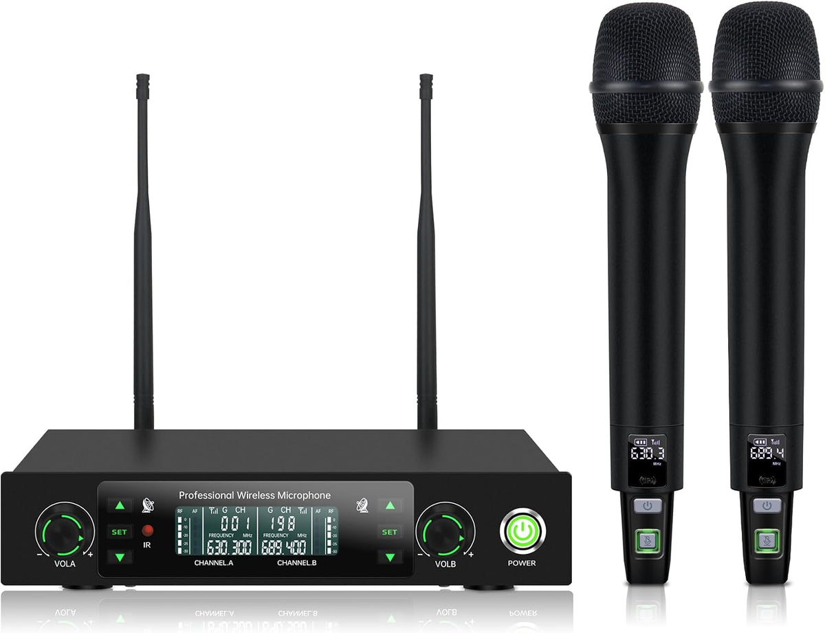 Wireless Microphone System, Dual Metal Cordless Mic Set for Karaoke Singing, Church, DJ, Party, Wedding, 500ft Long Range, Auto Scan, Anti-Interference, Handheld Dynamic Microphones