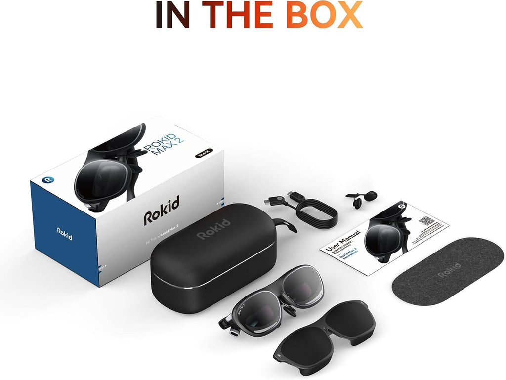 Rokid Max2 Black AR Glasses, 215" Micro-OLED Display, 50Â° FOV, 600 Nits Brightness, Compatible with smart Phones, Windows laptops, Ipad Since 2020