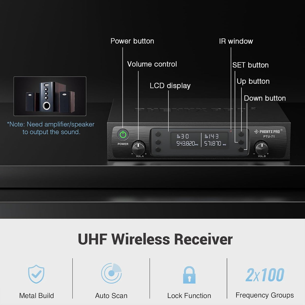 Phenyx Pro Dual UHF Auto Scan Handheld Wireless Microphone System PTU-71-2H