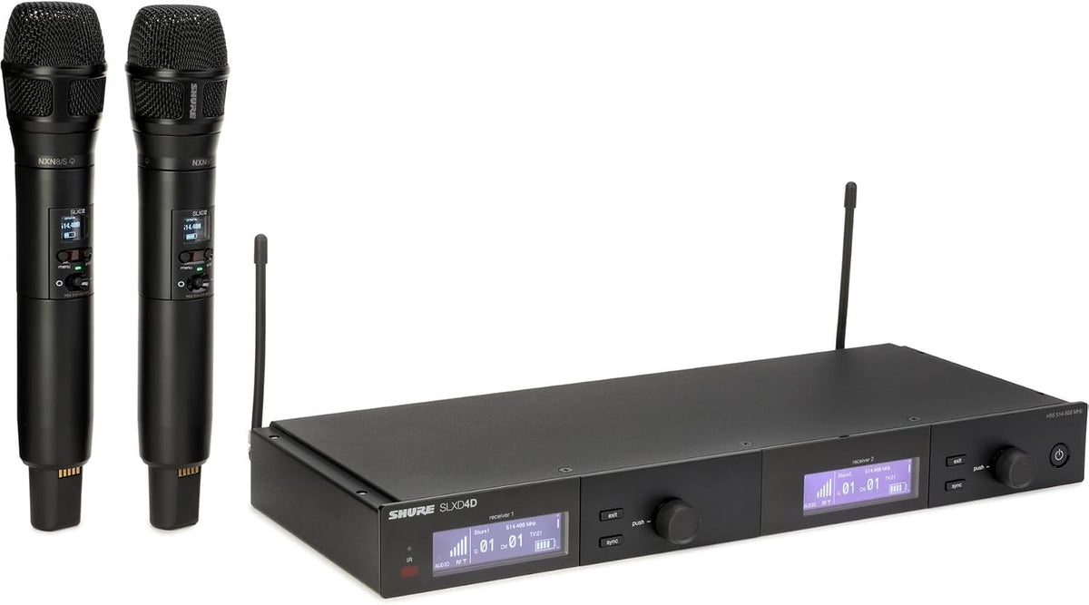 Shure SLXD24D/N8CB Dual Channel Wireless Microphone System - Includes Two SLXD2 Handheld Transmitters with Nexadyne 8/S Vocal Mic Capsules, SLXD4D Rack Mount Receiver | H55 Band (SLXD24D/N8SB-H55)