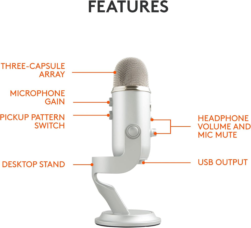 Logitech Creators Blue Yeti USB Microphone for PC, Mac, Gaming, Recording, Streaming, Podcasting, Studio and Computer Condenser Mic with Blue VO!CE Effects, 4 Pickup Patterns, Plug and Play - Silver