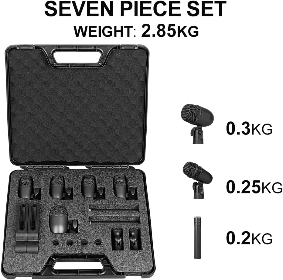 Depusheng 7-Piece Drum Microphone Set with 5 Dynamic Percussion Microphones and 2 Condenser Percussion Microphones Ideal for Instrument Recording and Music Production