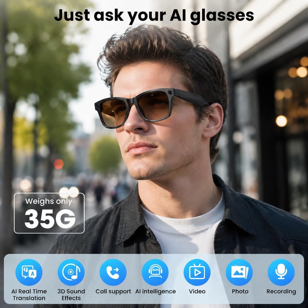 AI Smart Glasses with 13MP Camera for 4K Photo & Video, 3 Replaceable Lense