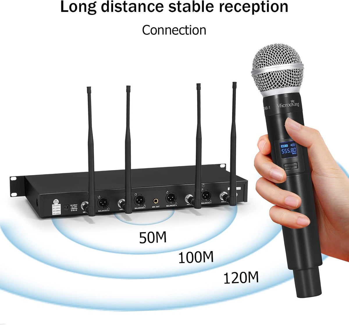 MicrocKing 4 Channel UHF Wireless Microphone System, 4 Handheld Wireless Microphones with Receiver, 400ft Long Range, Professional Dynamic Mic Set for Church, Conference, Wedding, Karaoke and Speech