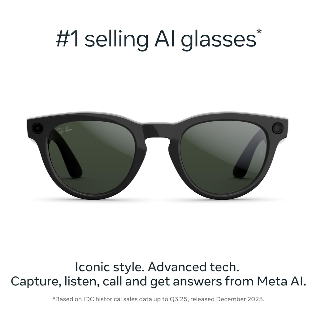 Meta Ray-Ban (Gen 2) Headliner Smart AI Glasses, Shiny Black, Green Lenses