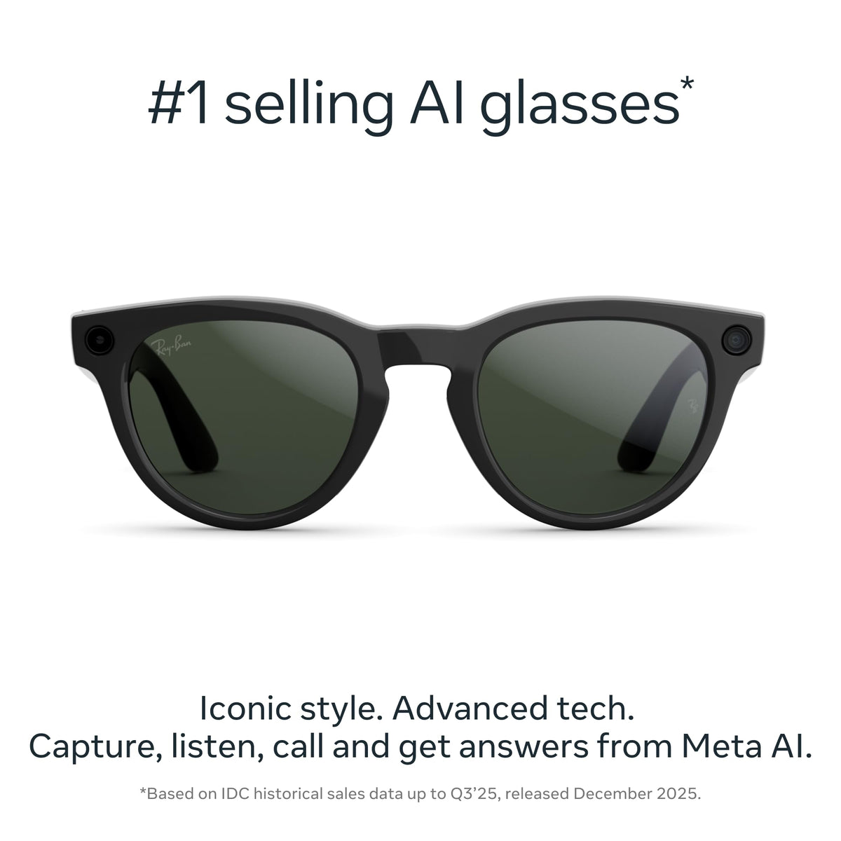 Meta Ray-Ban (Gen 2) Headliner Smart AI Glasses, Shiny Black, Green Lenses