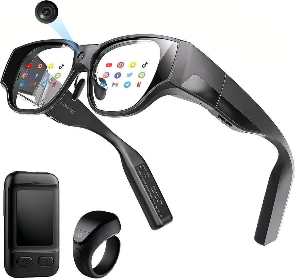 AR Smart Glasses, 150" 1080P Micro-OLED Display, 16MP Camera, 3DoF Ring Control, Android 14, 8G+128G, 36Â° FOV, Light Waveguide Lens for Streaming & Office AR Smart Glasses