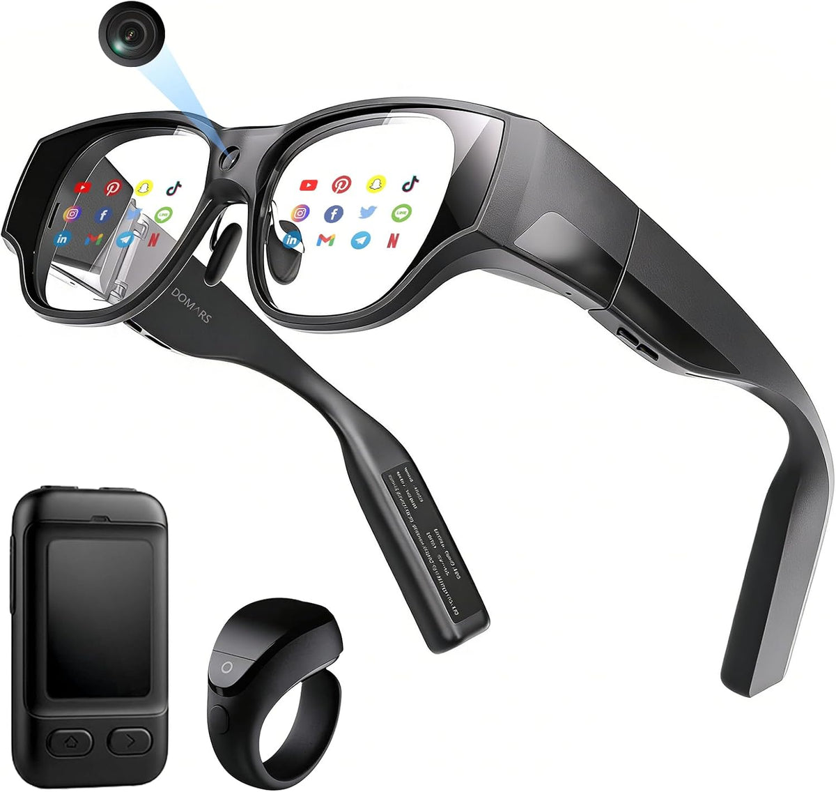 AR Smart Glasses, 150" 1080P Micro-OLED Display, 16MP Camera, 3DoF Ring Control, Android 14, 8G+128G, 36Â° FOV, Light Waveguide Lens for Streaming & Office AR Smart Glasses