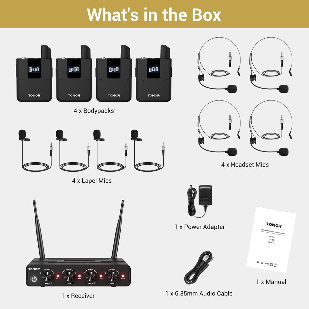 TONOR Wireless Microphone System, Handheld Mic Set with Headset/Lapel Mics