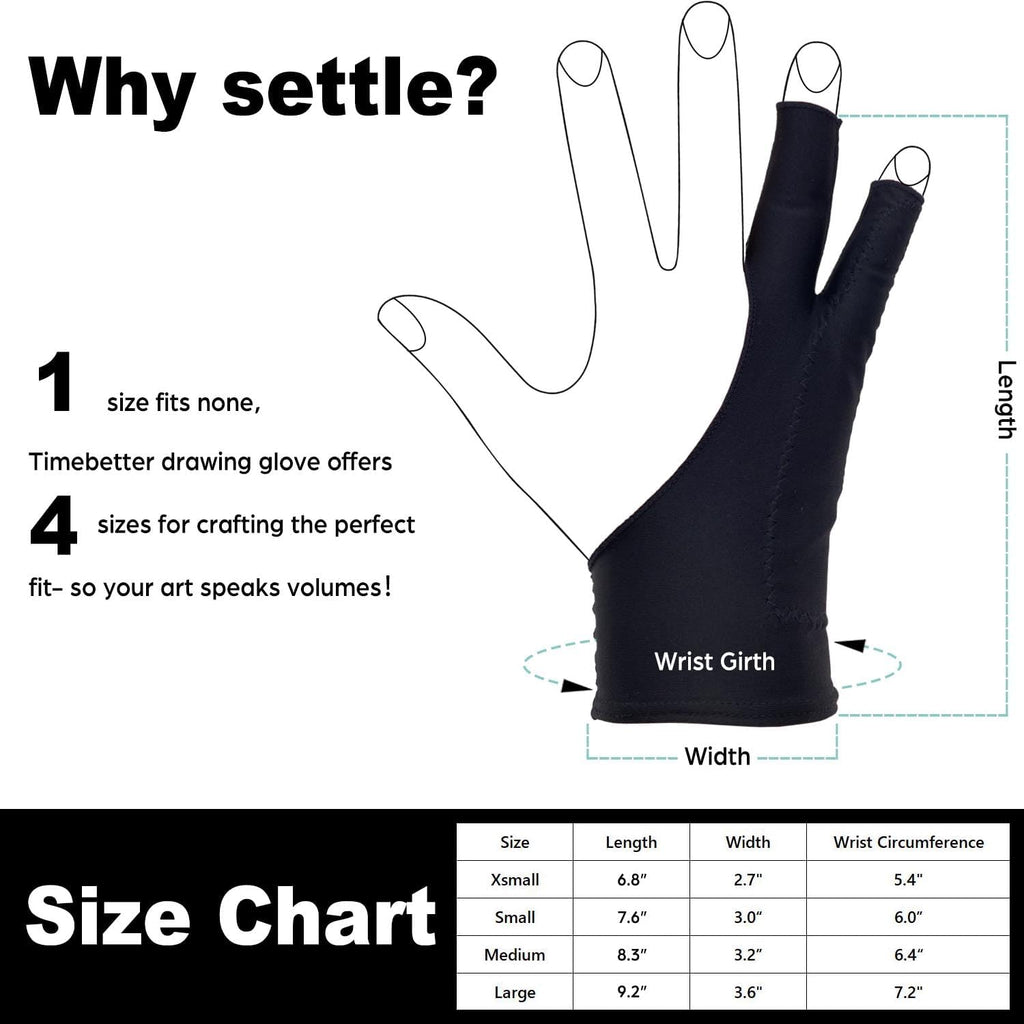 Drawing Glove, Artist Glove for Drawing Tablet, iPad, Digital Art Creation - Palm Rejection, Exposed Fingertip, Suitable for Left and Right Hand - XS, Pack of 2