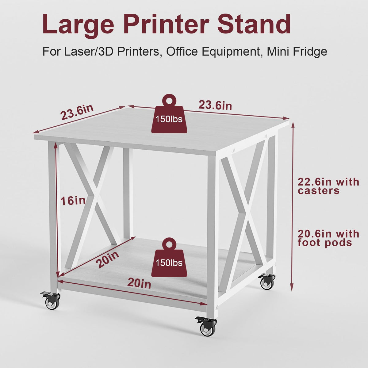 2 Tier Large Printer Stand, 23.6 x 23.6 Inches Printer Table with Storage Shelf, Rolling Printer Cart with Industrial Wheels for Home Office (Black)