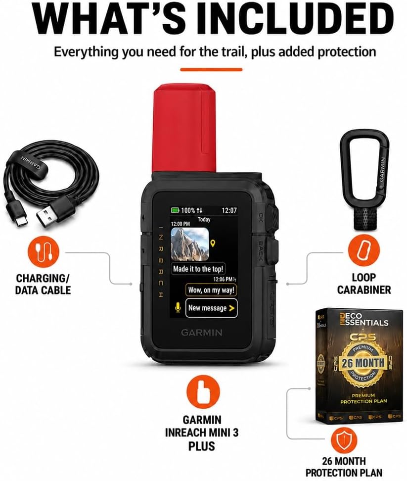 Garmin inReach Mini 3 Plus, Rugged Global Satellite Communicator with Touchscreen Texting, Photo & Voice Messaging, Emergency SOS Messages - Bundle w/Deco Essentials 26-Month CPS Plan