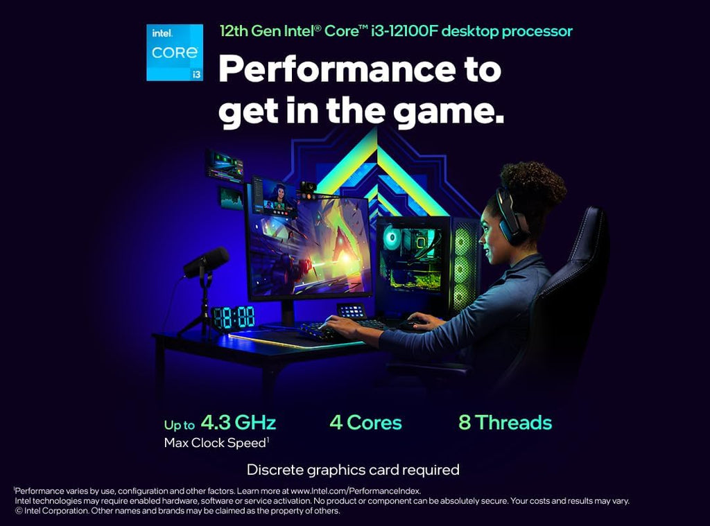 IntelÂ® Coreâ¢ i3-12100F 12th Generation Desktop Processor (Base Clock: 3.3GHz, 4 Cores, LGA1700, RAM DDR4 and DDR5 up to 128GB)