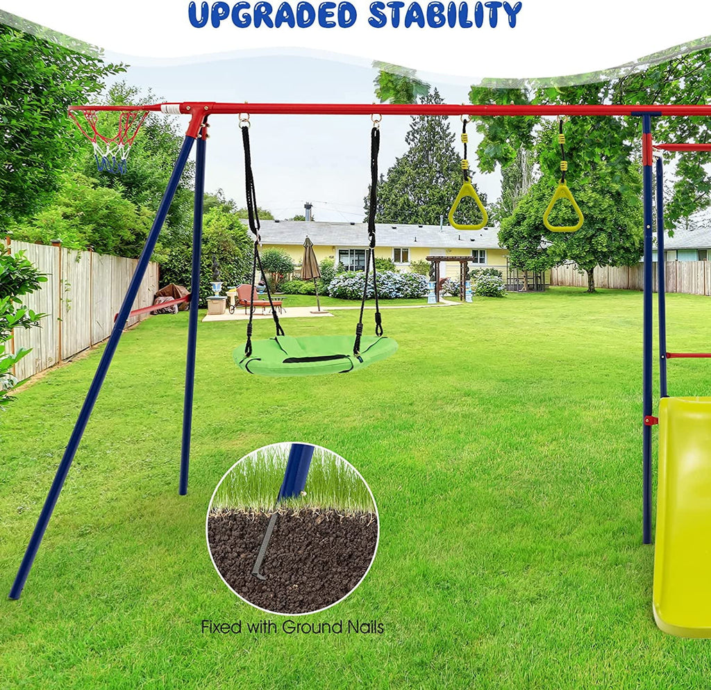OLAKIDS Swing Sets Backyard, 7 in 1 Outdoor A-Frame Heavy Duty Metal Swing Stand with Monkey Bar Kids, 660LBS Playground Playset with Slide, 2 Swings, Glider, Trapeze Rings, Basketball Hoop