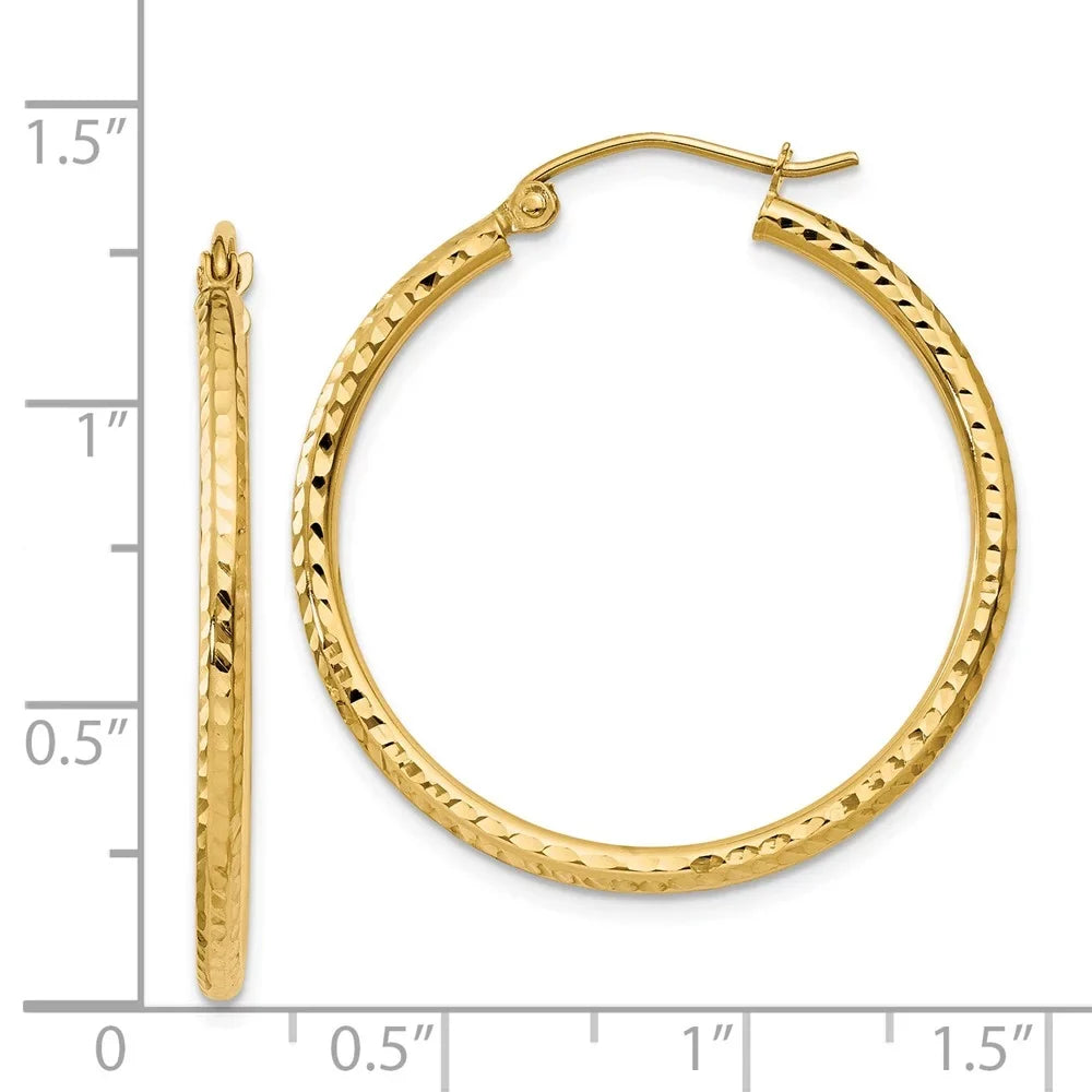 Real 14kt Yellow Gold Diamond-cut 2mm Round Tube Hoop Earrings; Adults and Teens; Women and Men