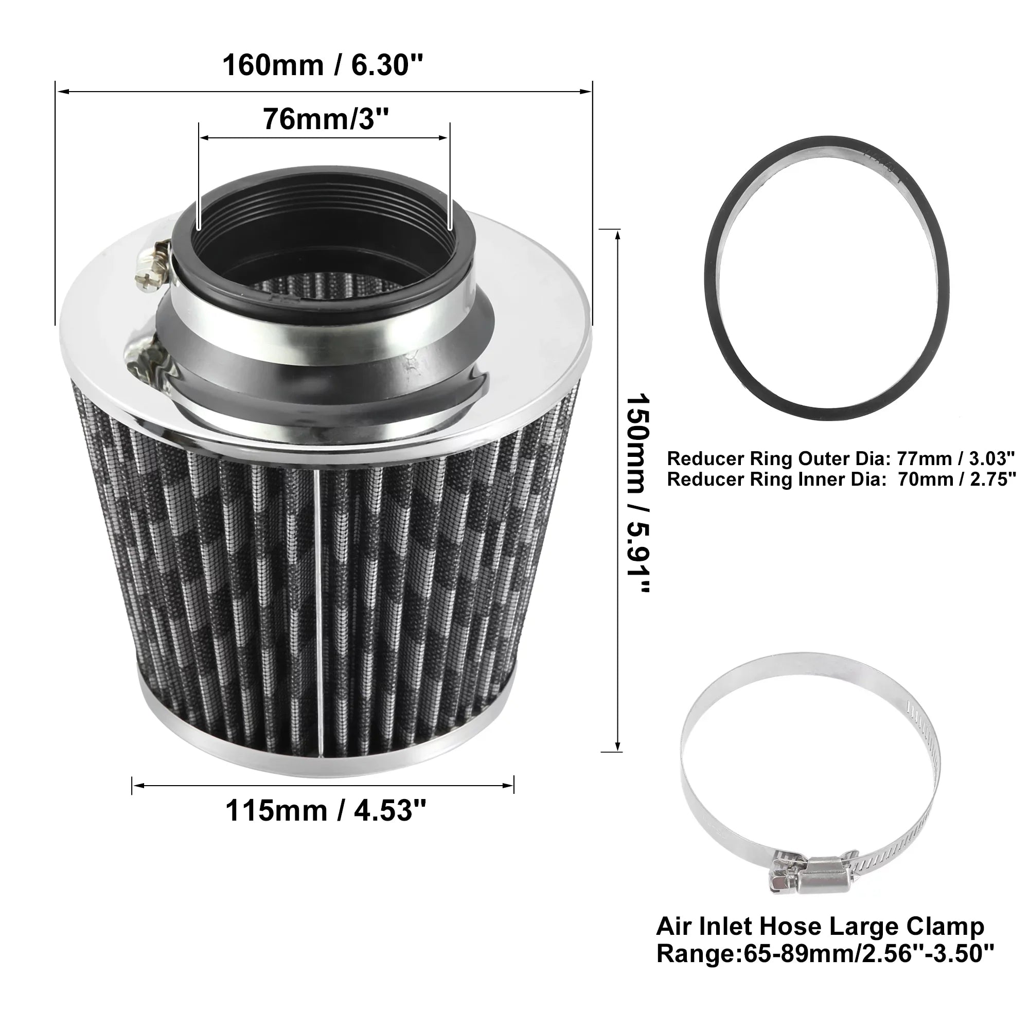 1pcs 2.7" 70mm Reducer Ring Inlet Cold Air Intake Cone Replacement Washable Clamp on Dry Air Filter Carbon Fiber Pattern
