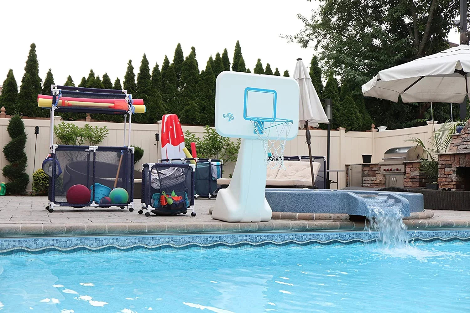 Essentially Yours Pool Floats, Balls, Toys and Equipment Rolling Mesh Organizer Storage Bin, Large, (35" W x 25.4" L x 37.5" H), Blue / White Style 455102