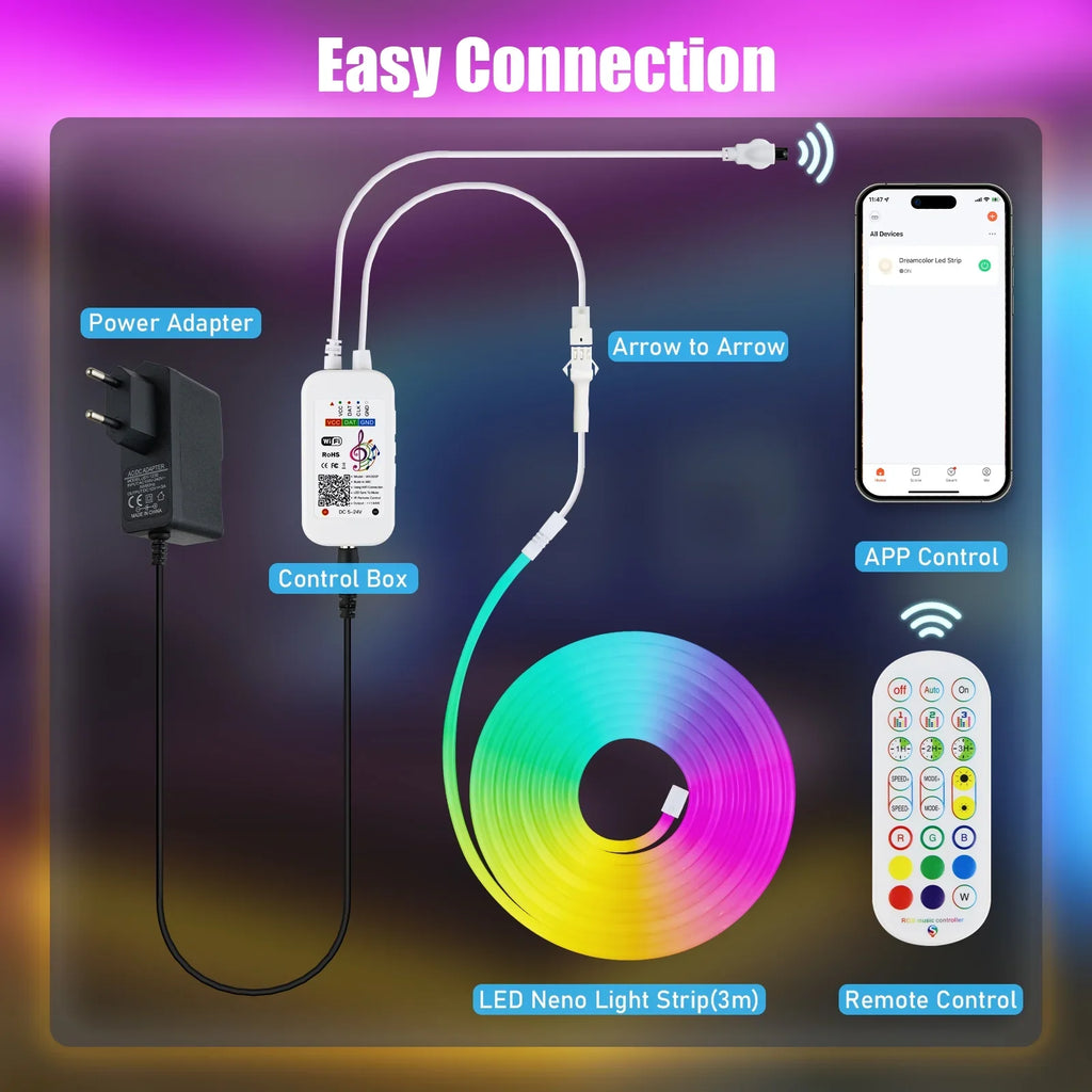 CheDux Flexible 9.8ft IP67 Waterproof Dimmable Lights LED Neon Light Strip With Remote Control Works With Alexa And Google, DIY Function, Music Sync For Wall, Living Room And Outdoor Decoraction