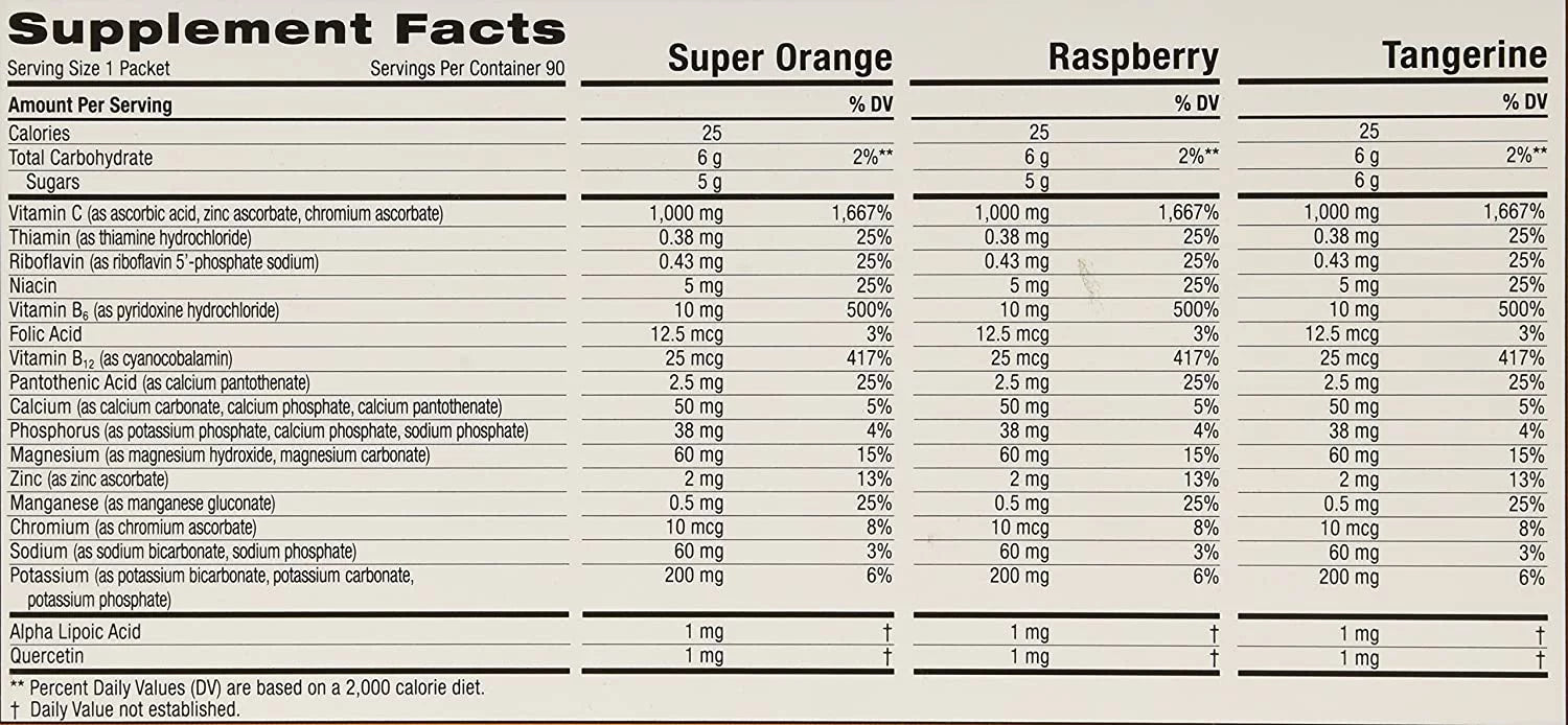 Emergen-C 1,000 mg Vitamin C Dietary Supplement Drink Mix, Super Orange/Raspberry/Tagerine, 90 Packets