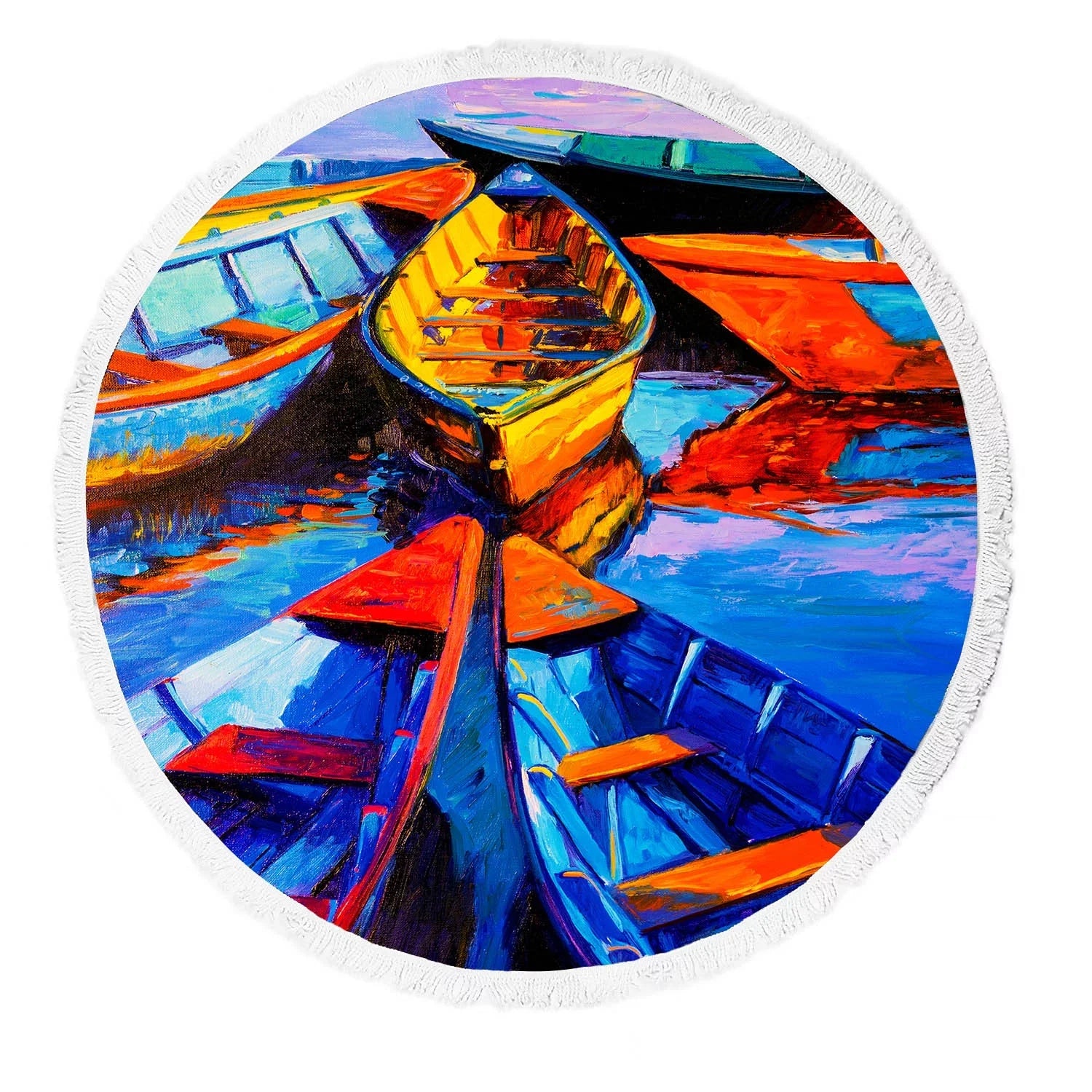 YKCG Modern Impressionism Oil Painting on Canvas Sea Ship Ships Round Beach Towel Beach Mats Beach Shawl Beach Blanket with Tassels Beach Throw Towel Yoga Mat