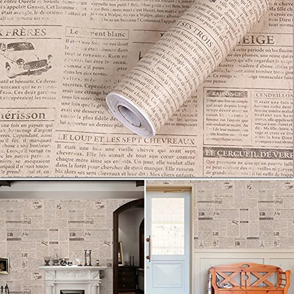 SimpleLife4U Retro Beige Newspaper Contact Paper Self-Adhesive Shelf Liner Countertop Sticker 17.7 Inch By 9.8 Feet