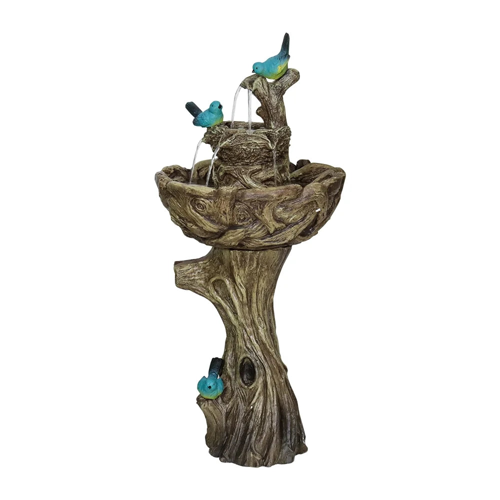 3-Tier Outdoor Water Fountain Bird Bath Patio Fountain Outdoor Stump Like Waterfall Fountain with Birds Decor Freestanding Patio Water Fountain Pump Garden Yard Patio Porch