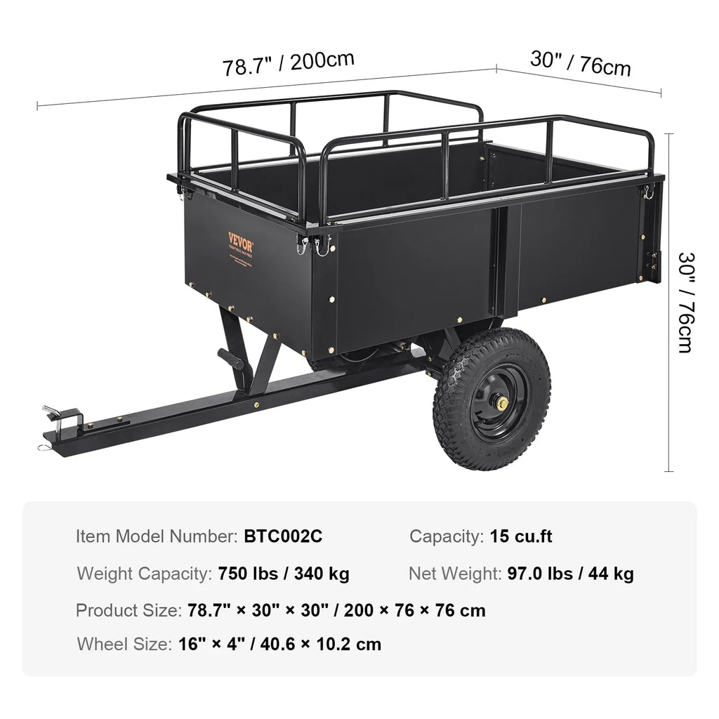 BENTISM Dump Trailer Tow Behind Dump Cart, 750 lbs 15 Cu. Ft, Steel Construction Garden Utility Trailer with Removable Sides