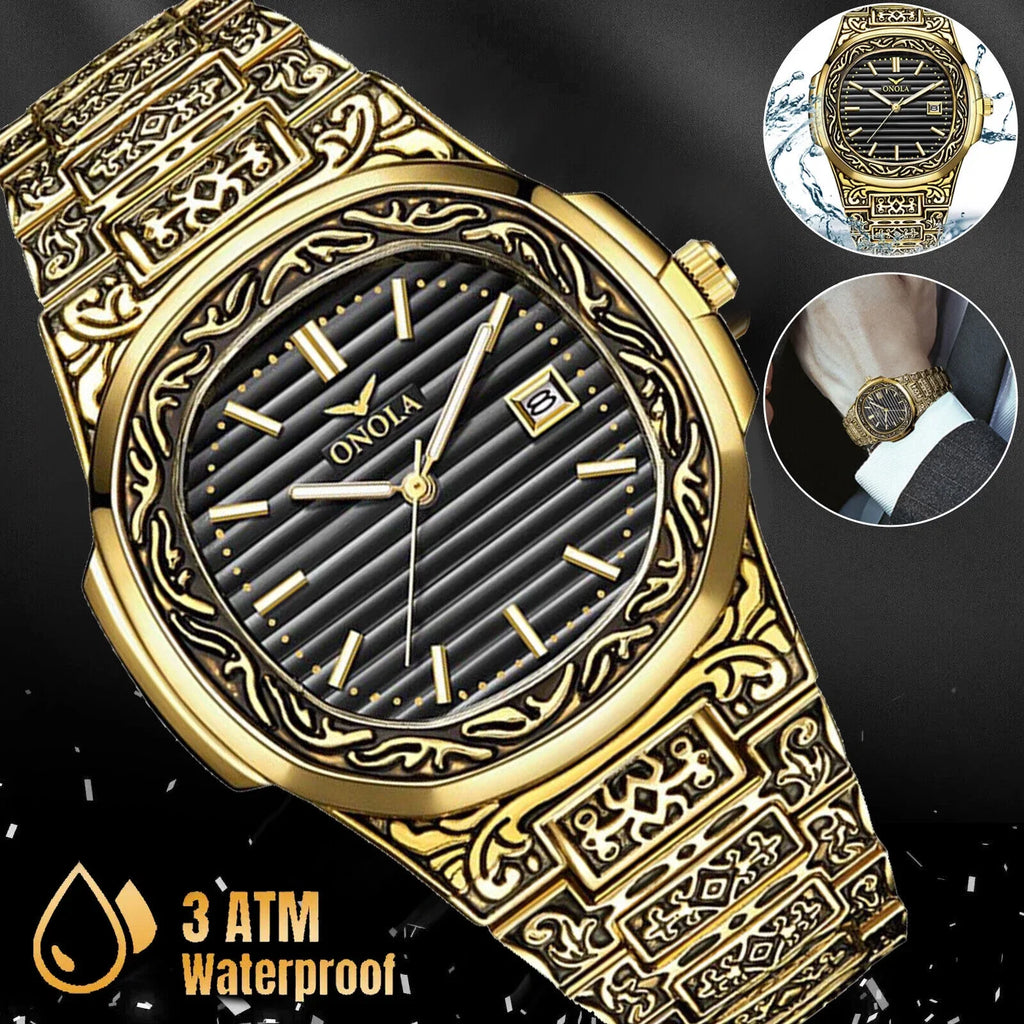 Men's Watch Relojes De Hombre Retro Gold Quartz Stainless Steel Waterproof Wrist