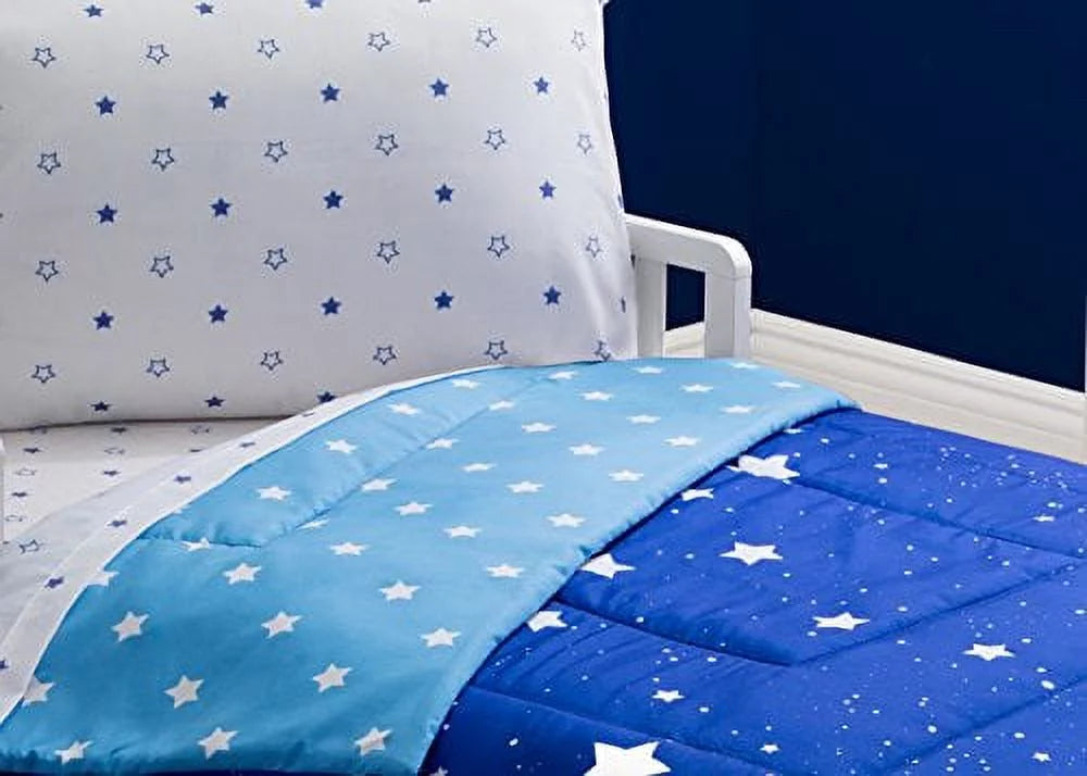Toddler Bedding Set | Boys 4 Piece Collection | Fitted Sheet, Flat Top Sheet w/ Elastic bottom, Fitted Comter w/ Elastic bottom, Pillowcase | Delta Children | Boys Starry Night | Blue Stars