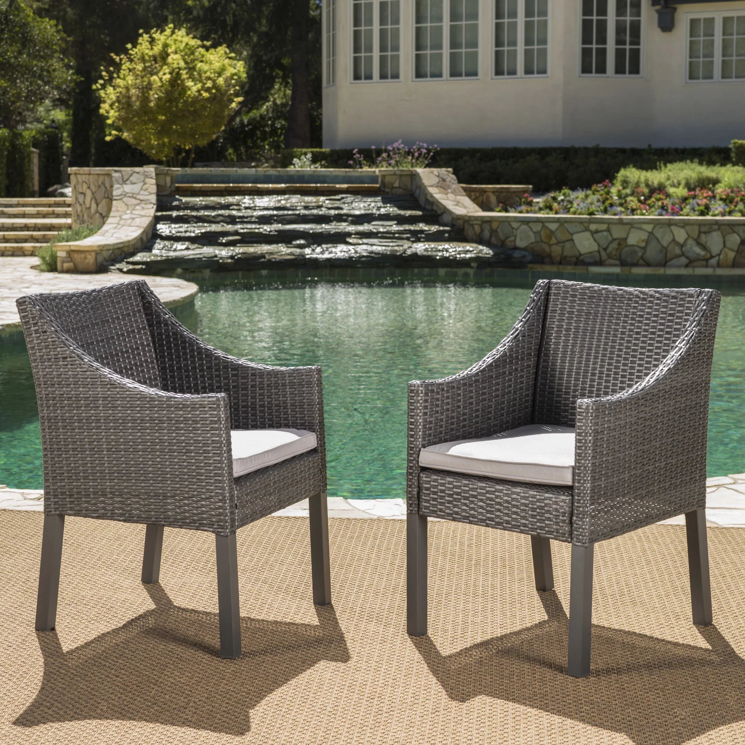 Arcadia Outdoor 5 Piece Wicker Square Dining Set with Cushions, Grey, Silver