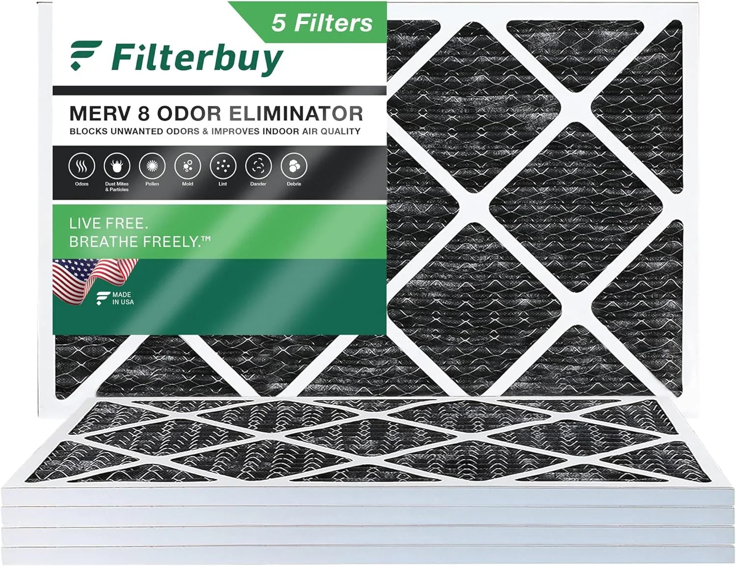 Filterbuy 16x24x1 MERV 8 Odor Eliminator Pleated HVAC AC Furnace Air Filters with Activated Carbon (5-Pack)