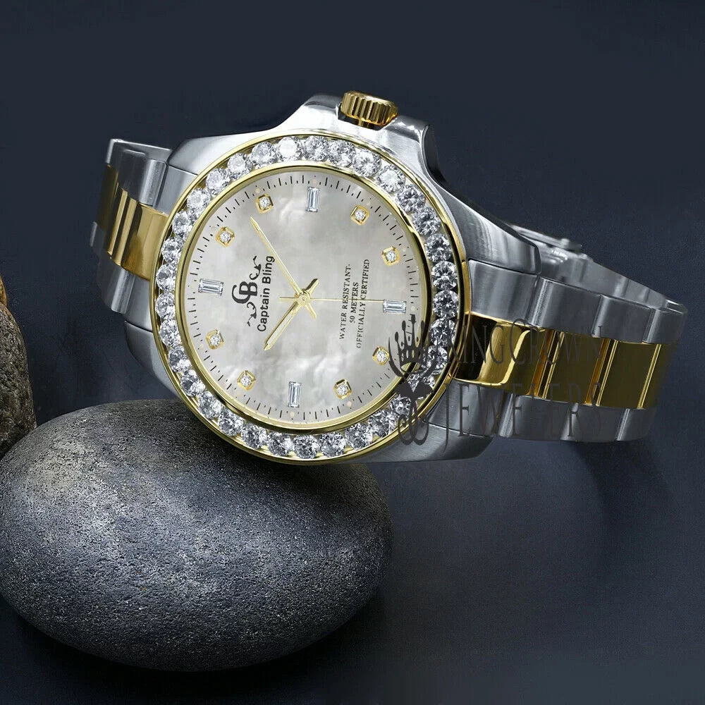 Mother Of Pearl Dial 2 Tone Solid Stainless Steel Simulated Diamonds 18K Gold Finish Mens Watch