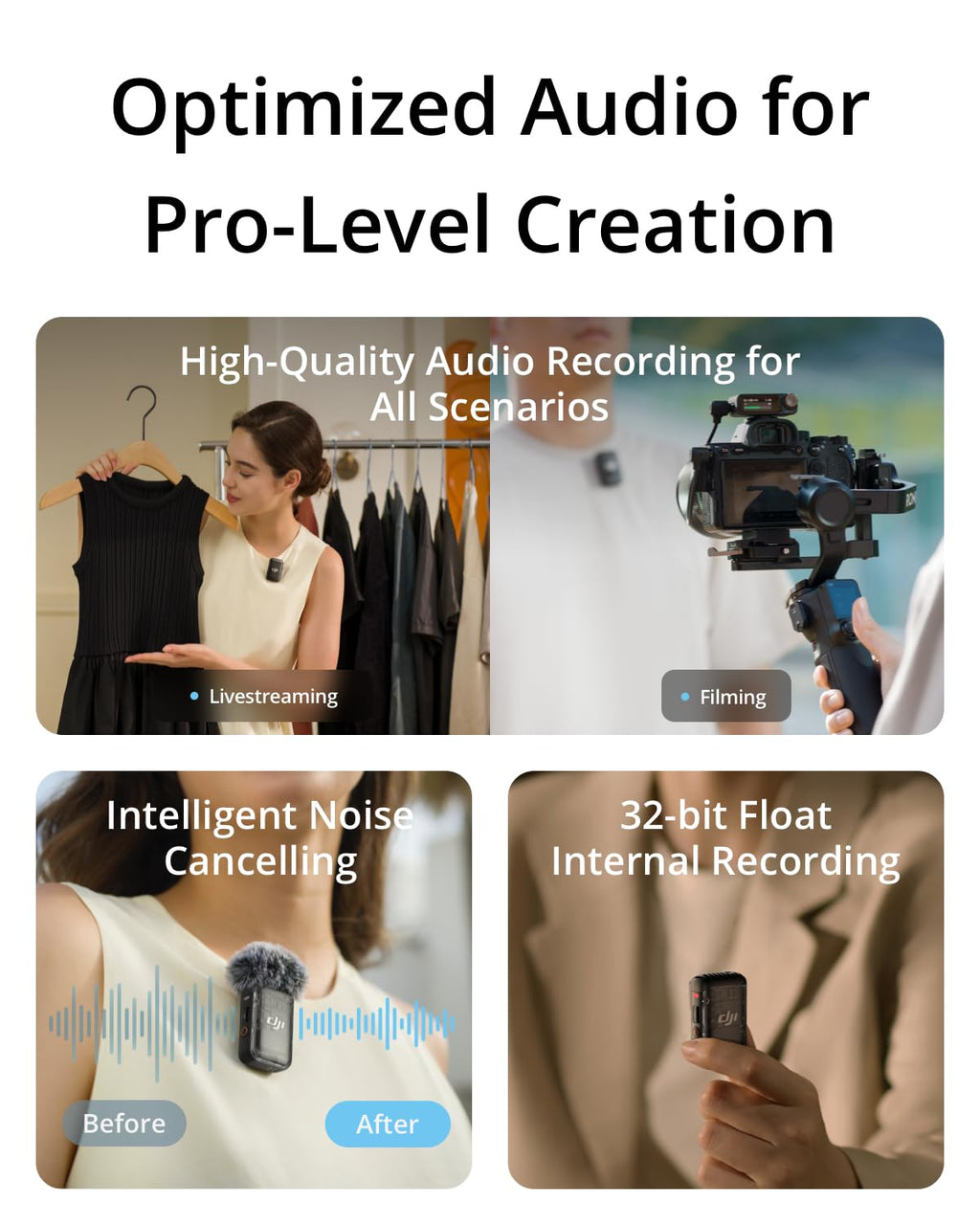DJI Mic 2 (1 TX + 1 RX), Wireless Mic with Intelligent Noise Cancelling
