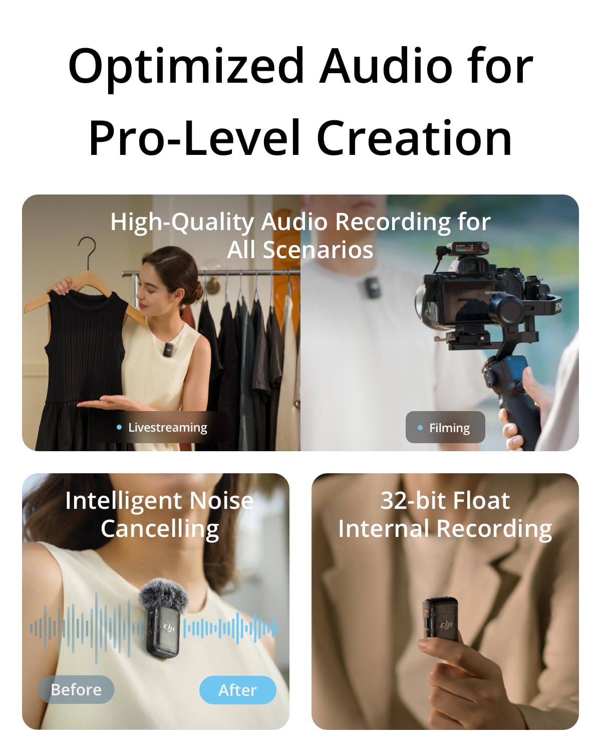 DJI Mic 2 (1 TX + 1 RX), Wireless Mic with Intelligent Noise Cancelling