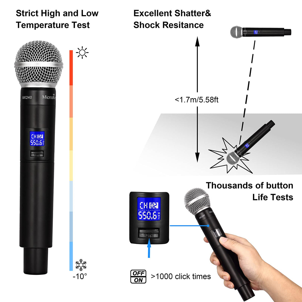 MicrocKing 4 Channel UHF Wireless Microphone System, 4 Handheld Wireless Microphones with Receiver, 400ft Long Range, Professional Dynamic Mic Set for Church, Conference, Wedding, Karaoke and Speech