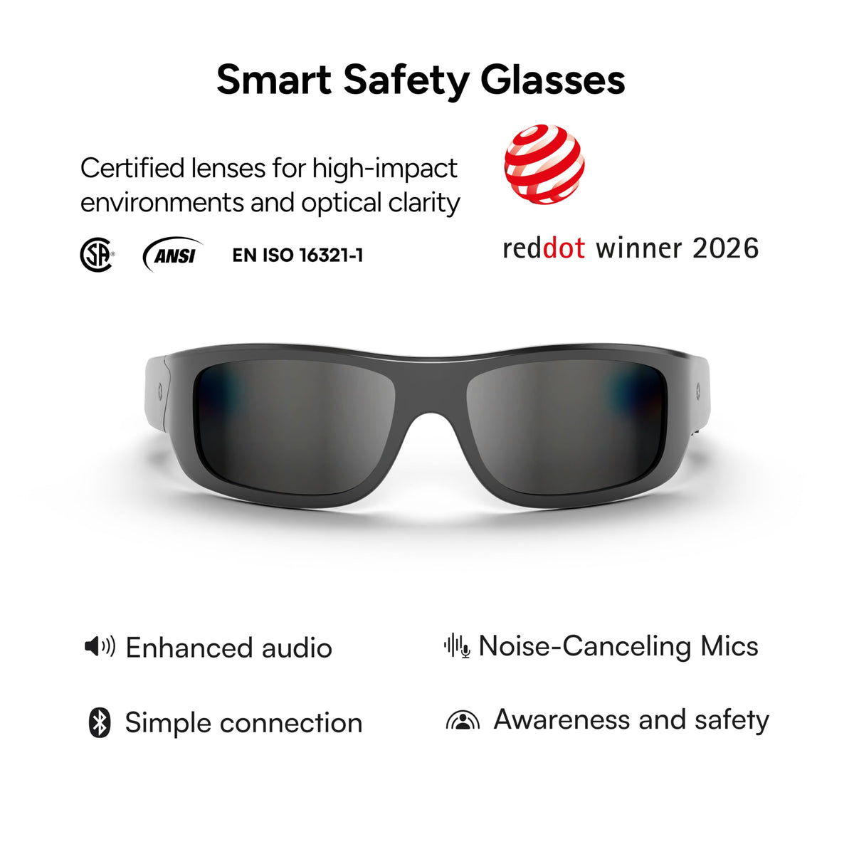 Lucyd Armor Smart Safety Glasses, TR90 Frame, Light Adaptive Lenses, Open Ear Speakers & Microphone - ANSI Z87.1