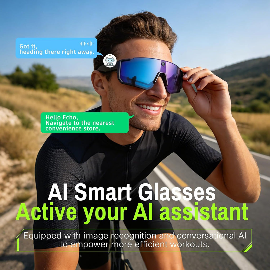 AI Smart Glasses, Voice Control Sports Sunglasses, EIS Anti-Shake, IP54 Waterproof, Real-Time Translation, Open Ear Audio Cycling Glasses for Outdoor Hiking Surfing Running