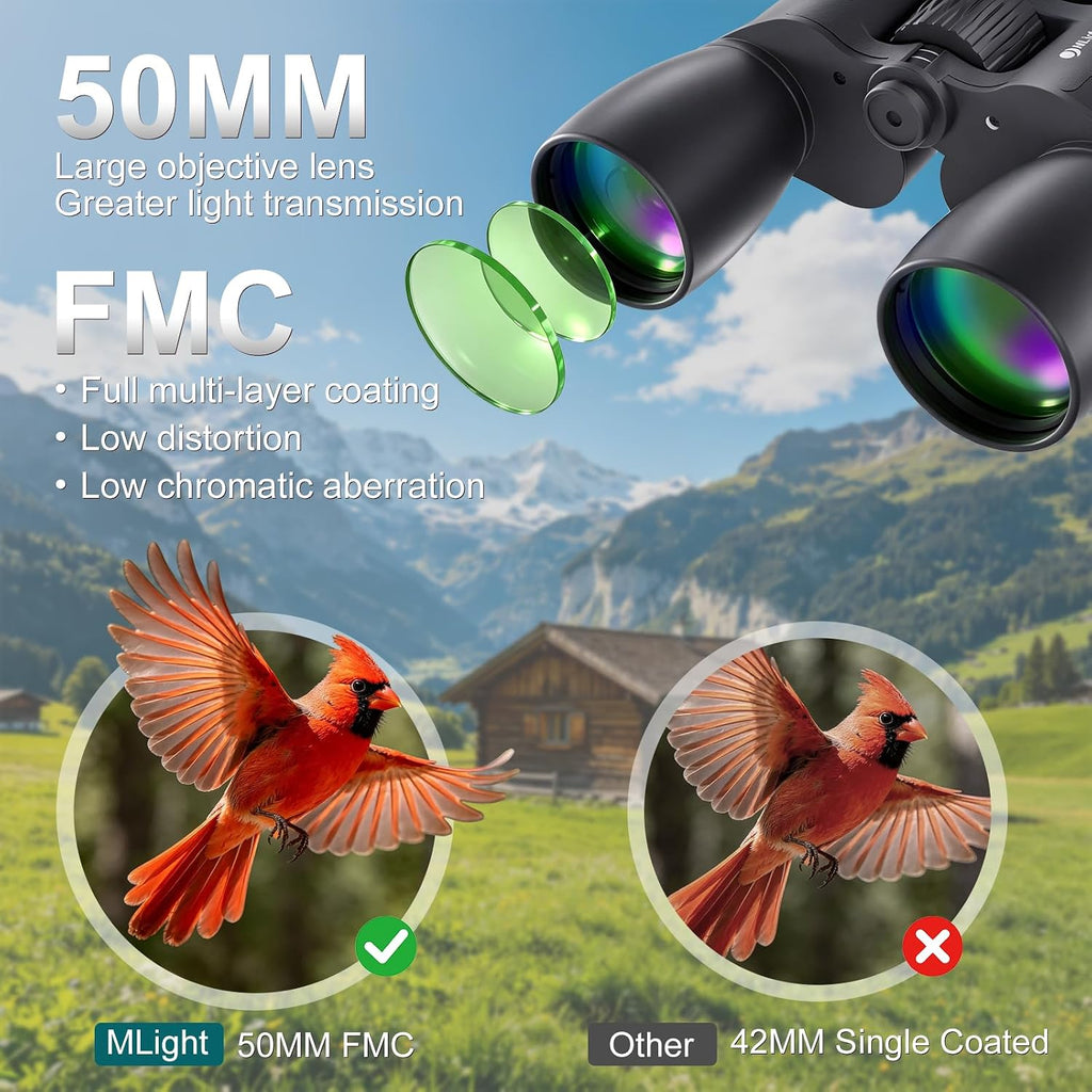 MLight 10-30X50 Zoom Binoculars for Adults, High Powered Military Binoculars for Bird Watching, Hunting, Outdoor, Hiking, Concerts Large View, Waterproof, BK7 Prism, FMC Lens, Low Light Night Vision