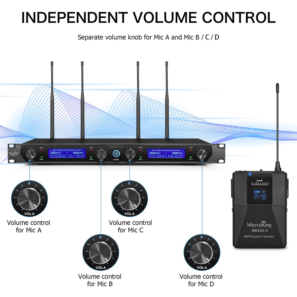 MicrocKing 4 Channel UHF Wireless Microphone System, 4 Handheld Wireless Microphones with Receiver, 400ft Long Range, Professional Dynamic Mic Set for Church, Conference, Wedding, Karaoke and Speech