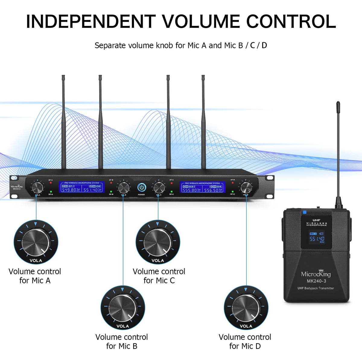 MicrocKing 4 Channel UHF Wireless Microphone System, 4 Handheld Wireless Microphones with Receiver, 400ft Long Range, Professional Dynamic Mic Set for Church, Conference, Wedding, Karaoke and Speech